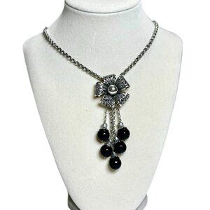 Rider Sterling Silver 925 Filigree Bow Necklace with Black Onyx Drops–One Piece